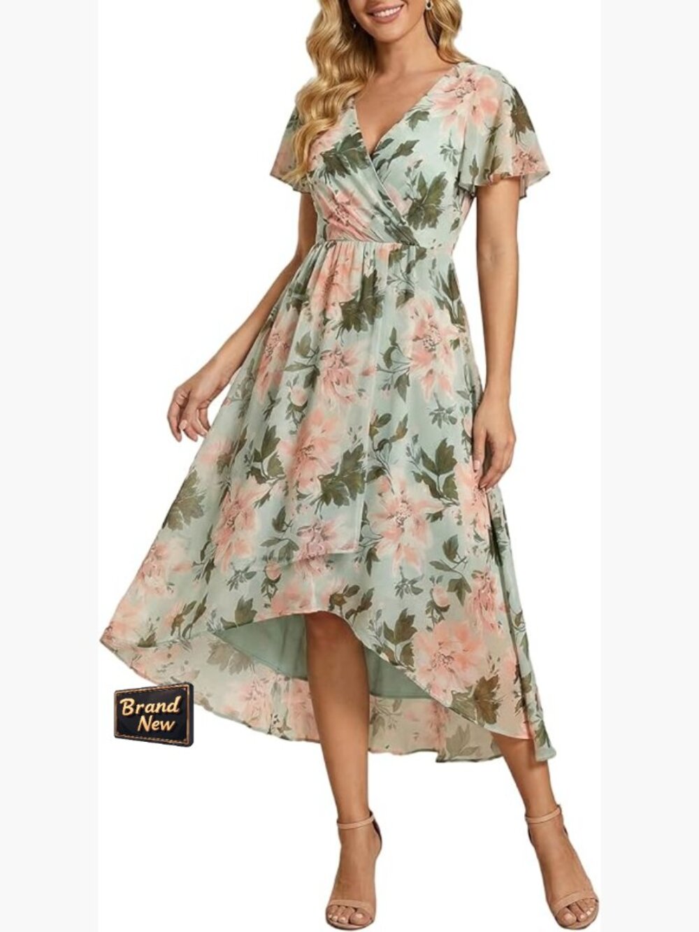 Ever-Pretty Womens Chiffon Midi Wedding Guest Dress V-Neck Ruffle Sleeve